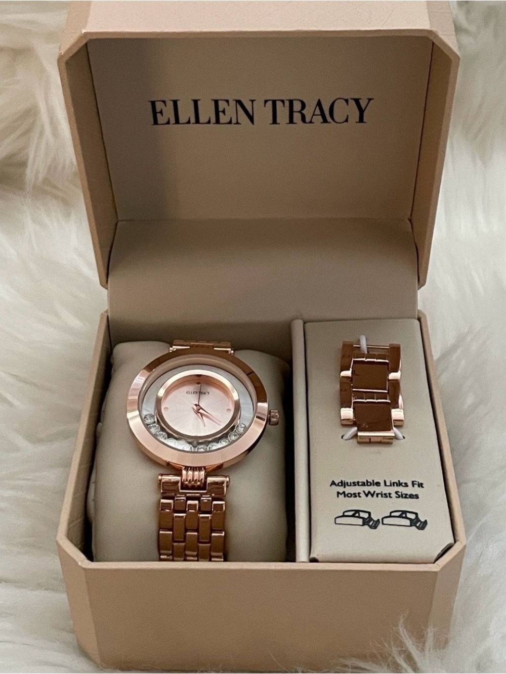 NIB Ellen Tracy Rose Gold Tone Floating Rhinestone Watch